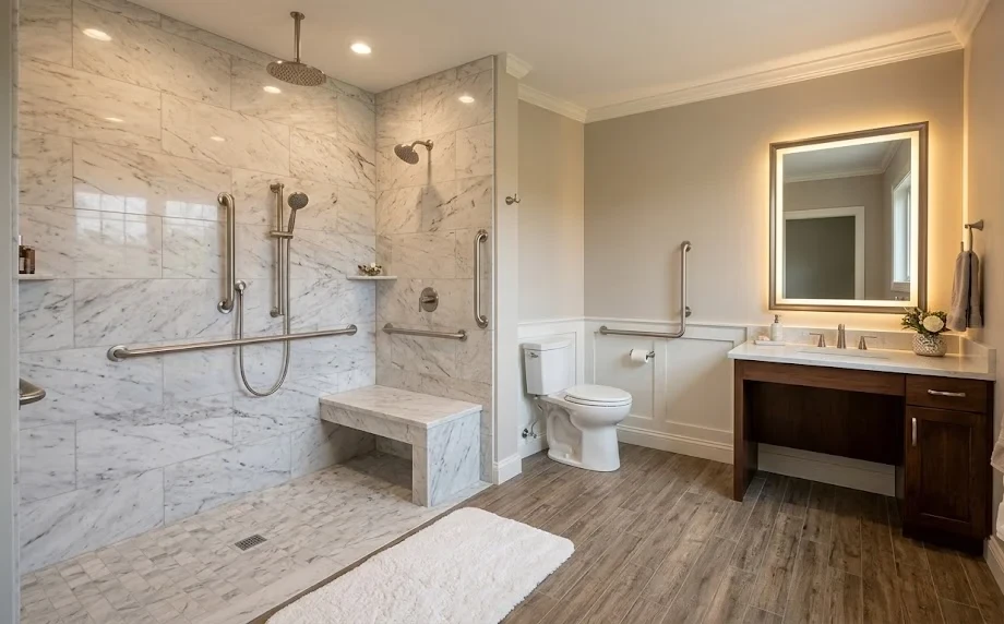 Accessible bathroom with grab bars and roll-in shower